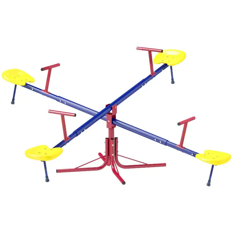 Four-seater seesaw with yellow seats and red handles.