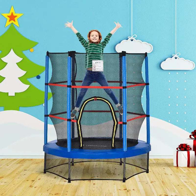 Blue and black trampoline with safety net.