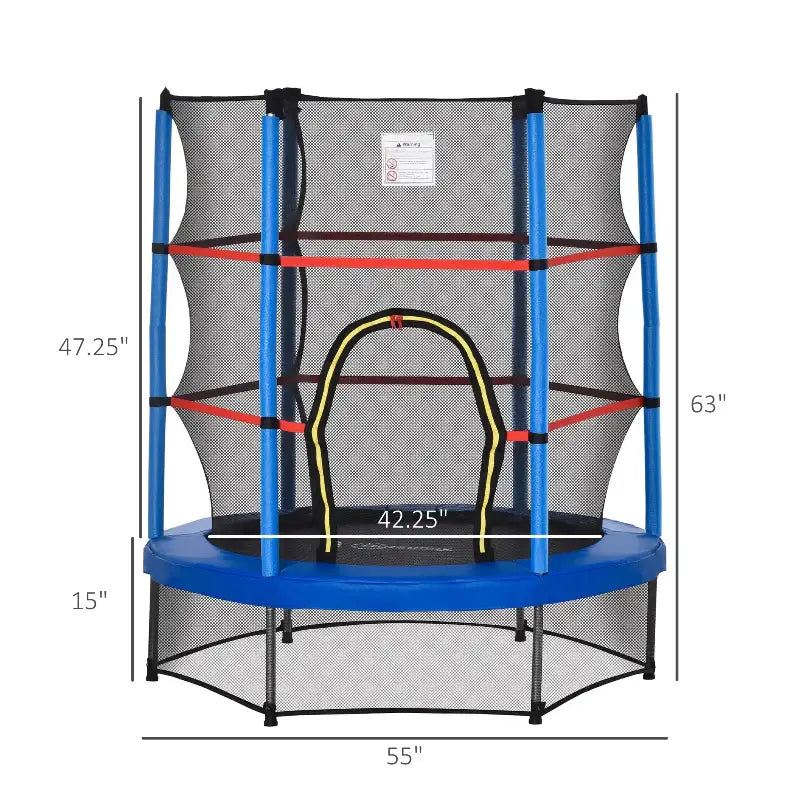 Blue and black trampoline with safety net.