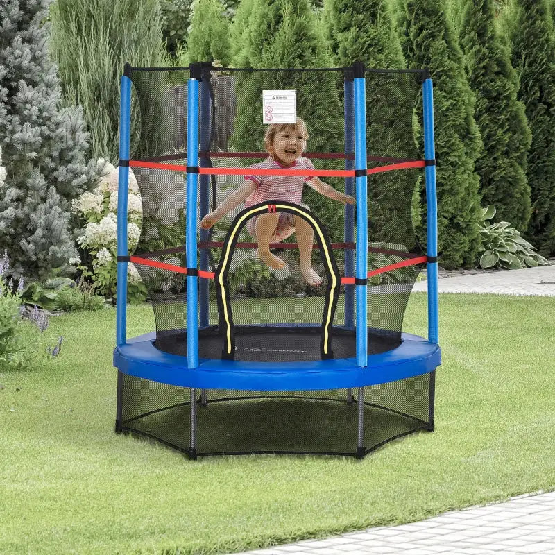 Blue-framed trampoline with safety net.