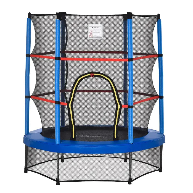 Blue-framed trampoline with safety enclosure.