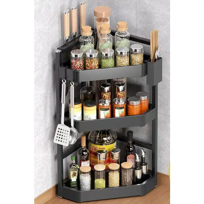 Three-tiered corner spice rack.