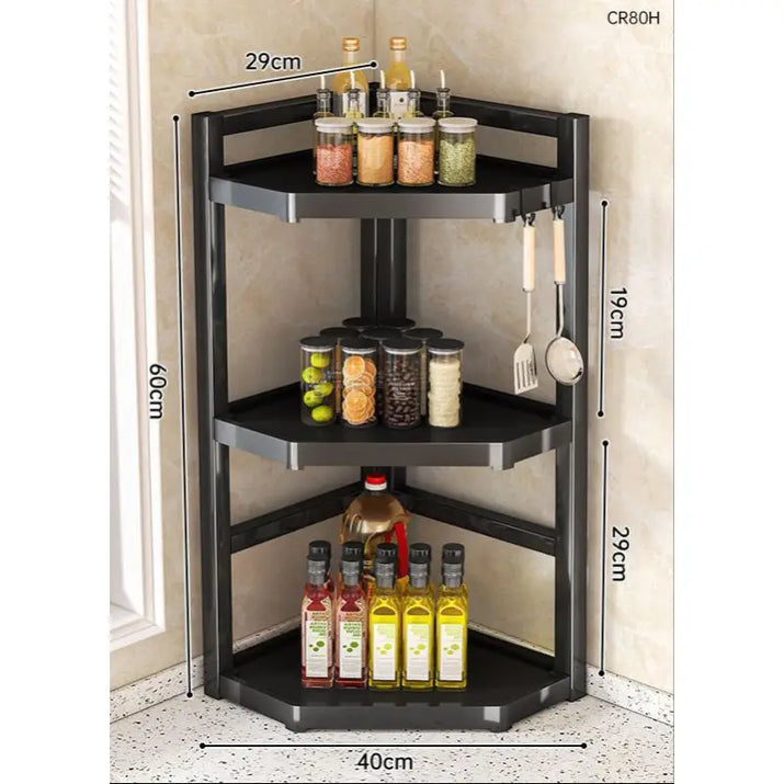 Three-tiered black corner shelf with dimensions.