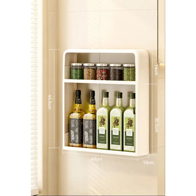 Two-tiered wall-mounted shelf with rounded edges on kitchen multi-functional seasoning rack