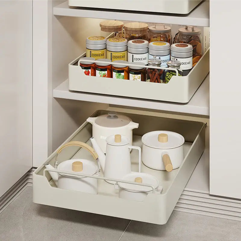 Kitchen pull-out shelves demonstrating efficient kitchen pull-out cabinet organizers