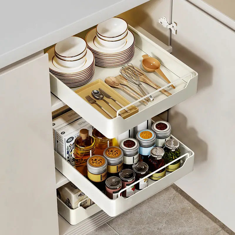 Kitchen pull-out shelves for organized storage in pull-out kitchen cabinets