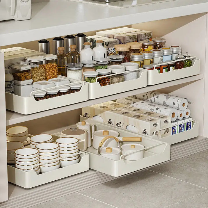 Organized kitchen cabinet with pull-out shelves showcasing Kitchen Pull-Out Shelves for easy access
