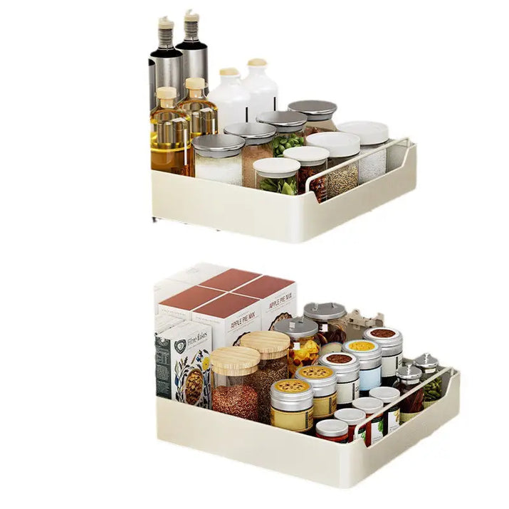 Two tiered spice rack organizers on Kitchen Pull-Out Shelves in a modern kitchen