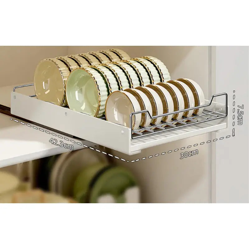 Pull-out dish rack with dimensions on kitchen pull-out shelves for organized storage