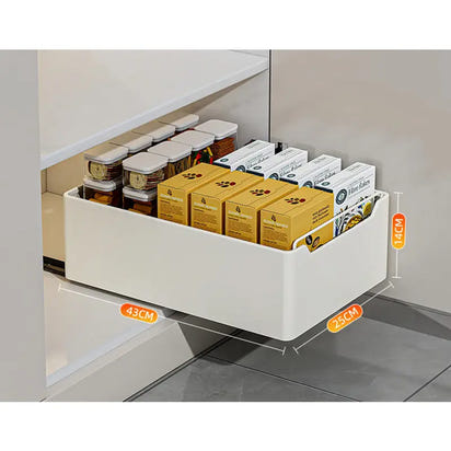 White storage drawer with dimensions for Kitchen Pull-Out Shelves and pull-out shelves