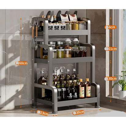 Three-tiered metal spice rack on kitchen shelf spice stand for organized cooking storage