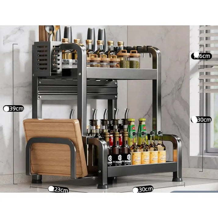 Two-tiered kitchen spice rack shelf spice stand with dimensions showcasing organized storage