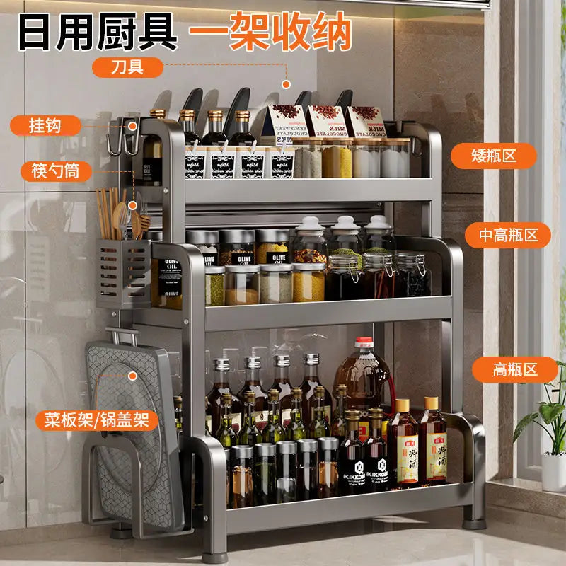 Three-tiered spice-stand kitchen shelf for organized storage and easy access