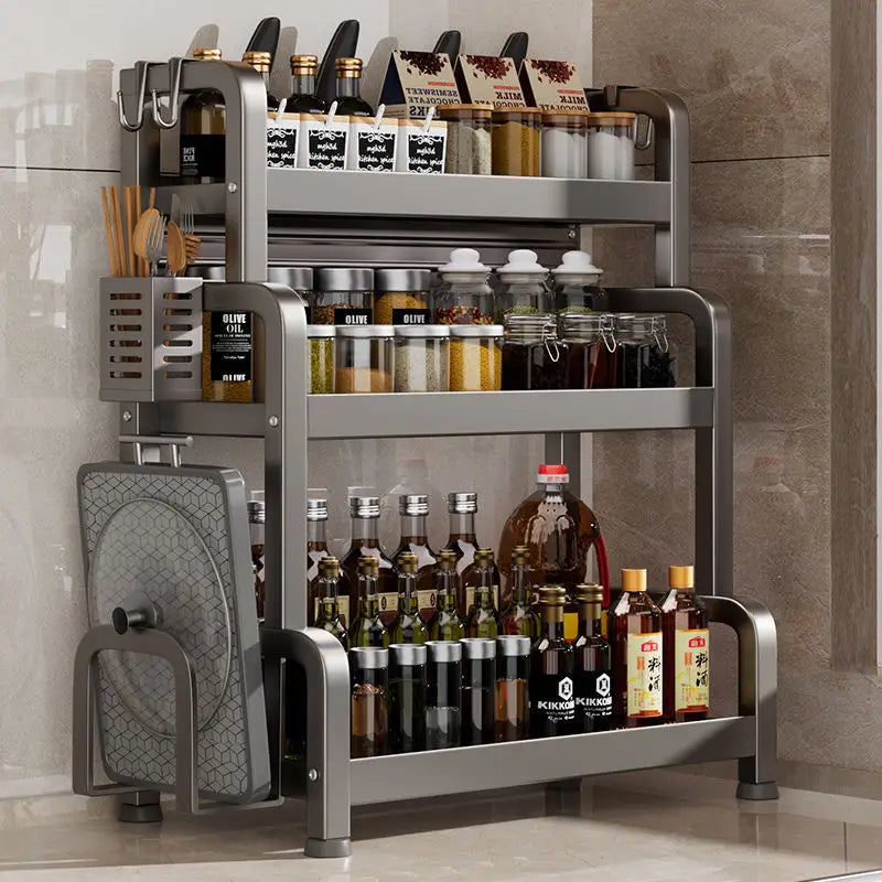 Three-tiered metal kitchen shelf spice stand for organized storage and easy access