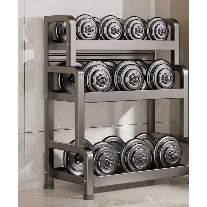 Three-tiered dumbbell rack on spice-stand kitchen shelf for organized storage
