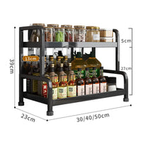 Two-tiered spice rack with dimensions on a stylish shelf spice stand for kitchen organization