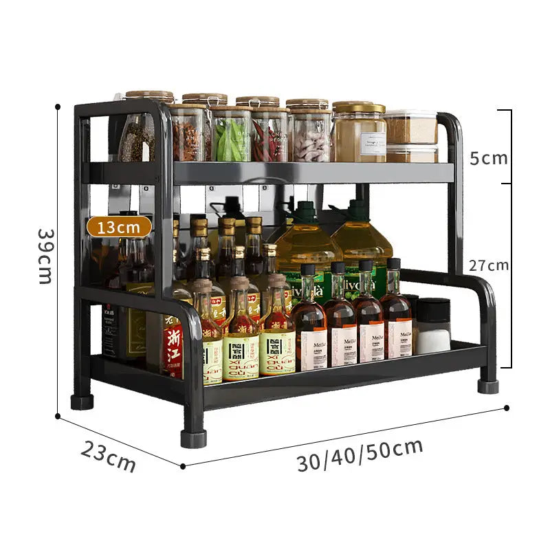 Two-tiered spice rack with dimensions on a stylish shelf spice stand for kitchen organization