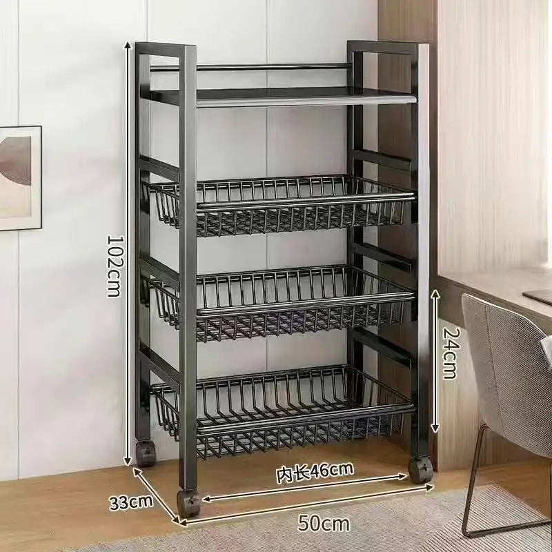 Black metal rolling storage rack.