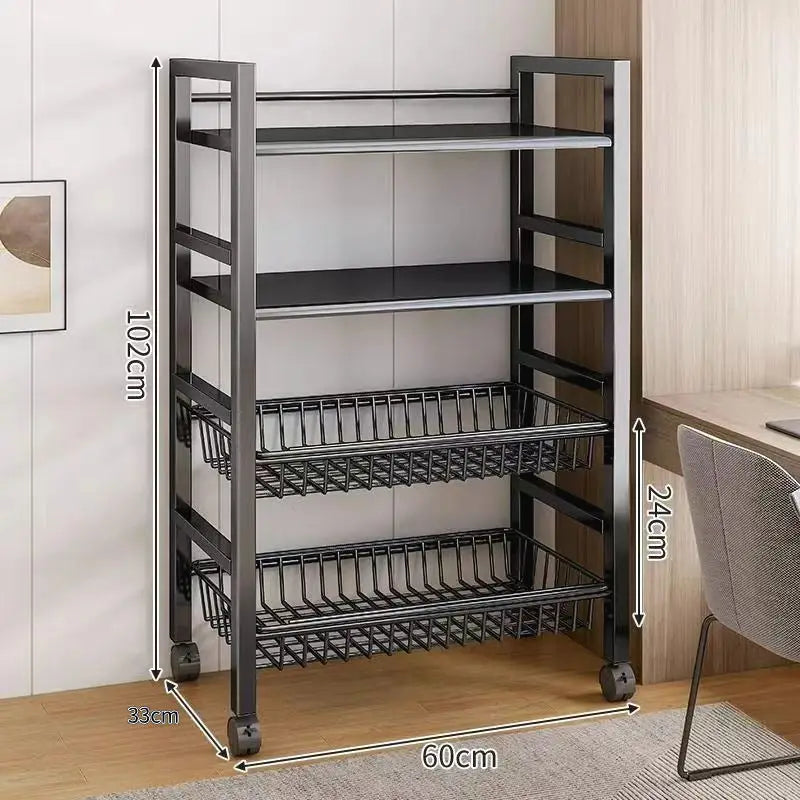Black metal rolling storage rack.