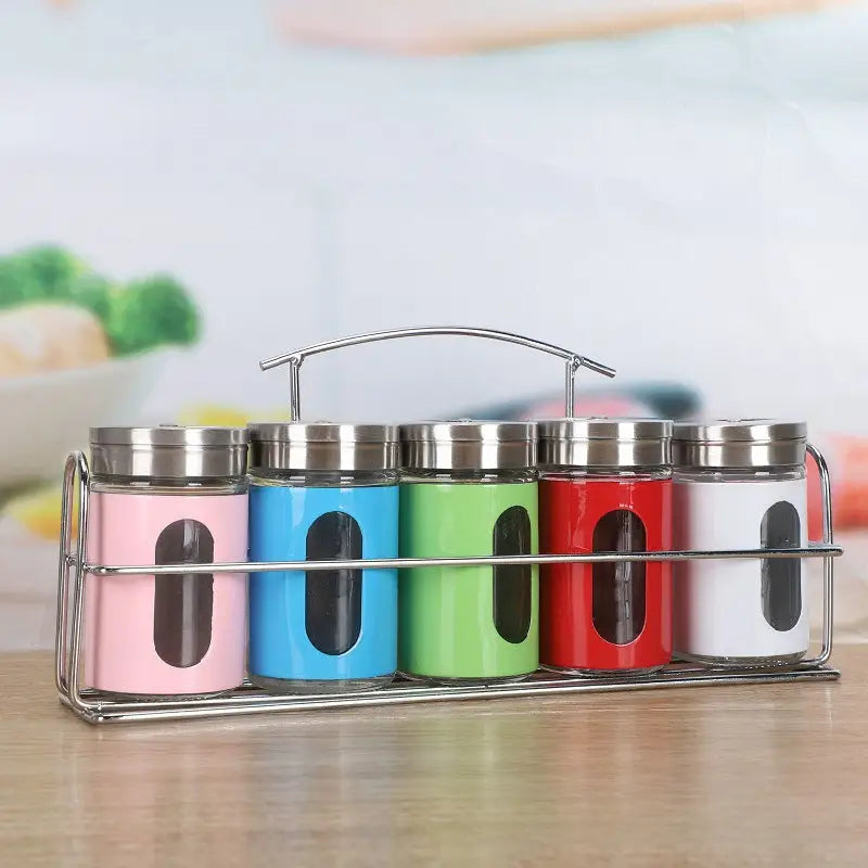 Colorful spice rack with glass jars in kitchenware stainless steel seasoning jar set
