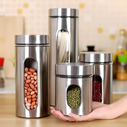 Kitchenware stainless steel visible glass canister set with viewing windows for storage