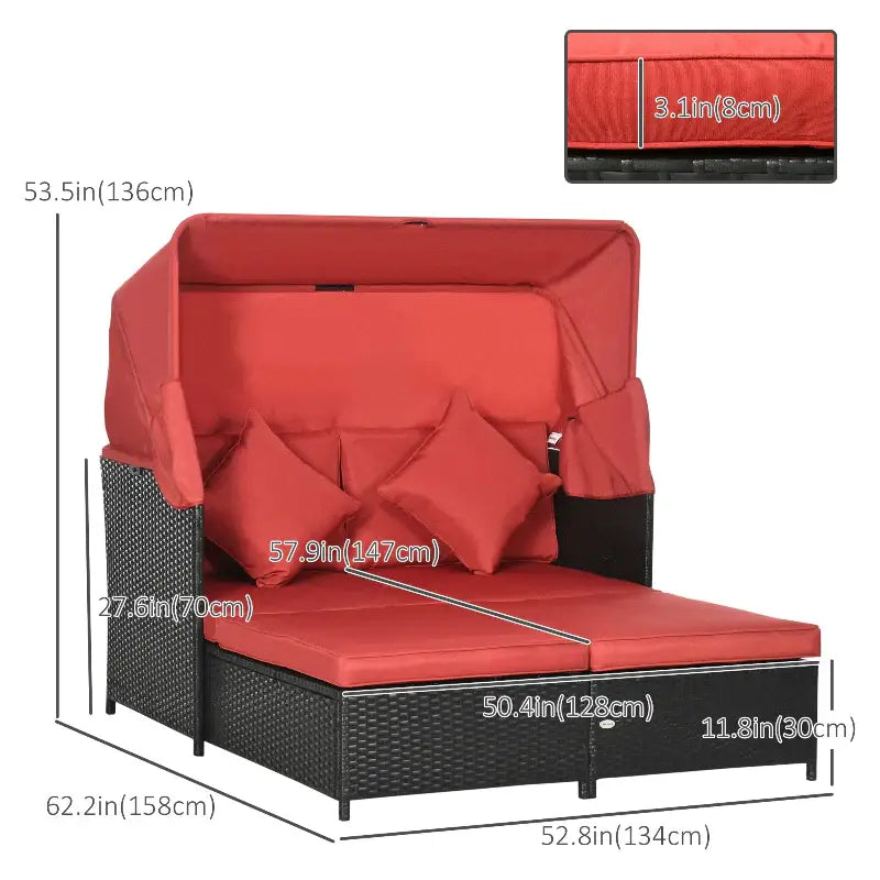 Red cushioned outdoor patio daybed with canopy for relaxing outdoor lounging