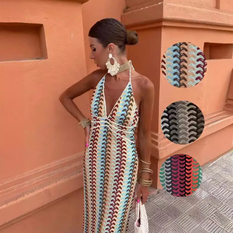 Colorful crochet halter dress.