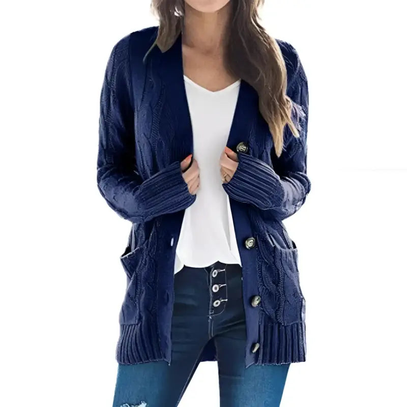 Navy blue cable knit cardigan.