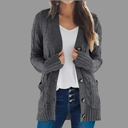 Gray cable-knit cardigan.