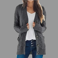 Gray cable-knit cardigan.