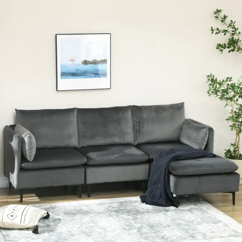 Gray velvet sectional couch with plush cushions, Modern Grey L-Shaped Couch with Ottoman CANADA