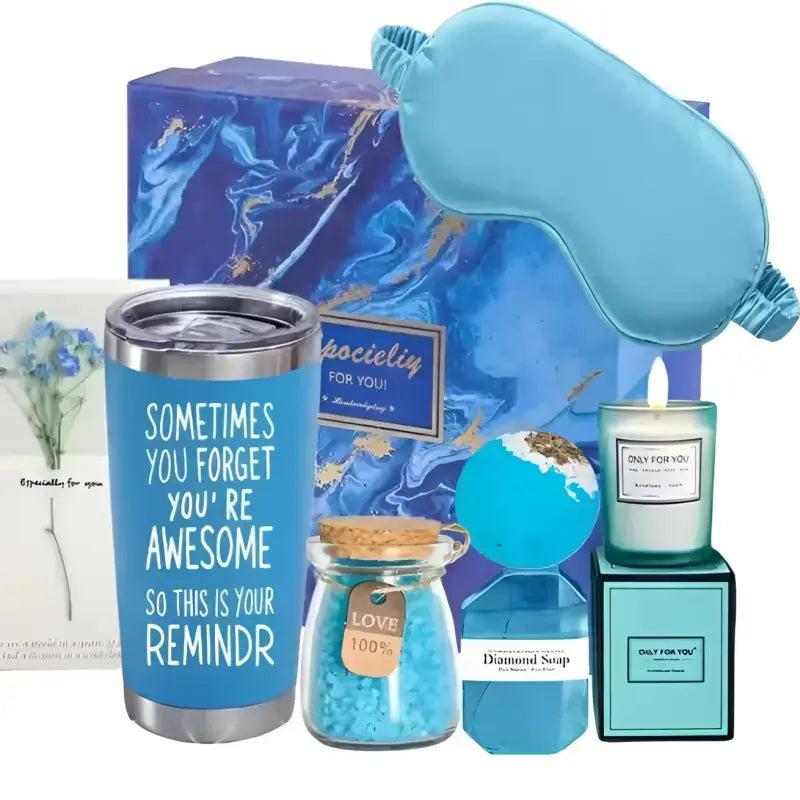 Blue gift set with self-care items.