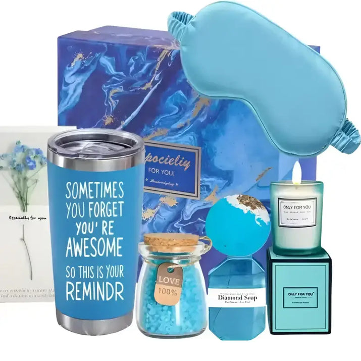 Blue gift set with self-care items.