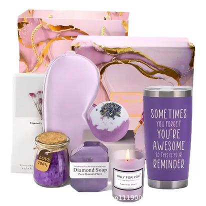 Purple-themed relaxation gift set.