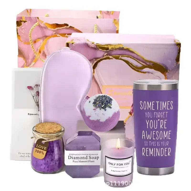 Purple-themed relaxation gift set.