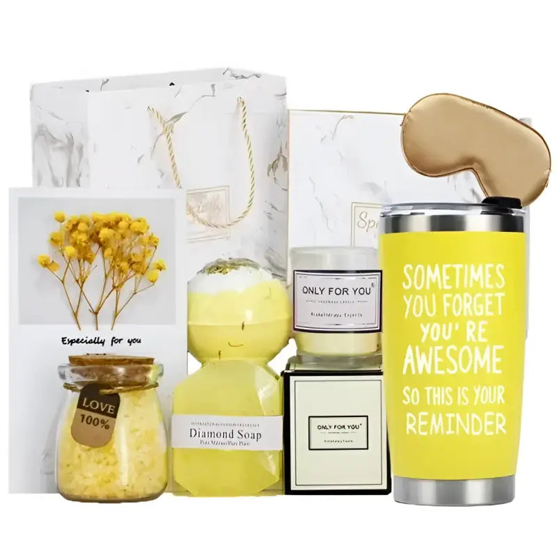 Gift set with yellow and white items.
