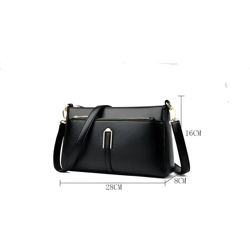 Black leather shoulder bag with dimensions.
