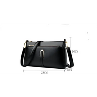 Black leather shoulder bag with dimensions.