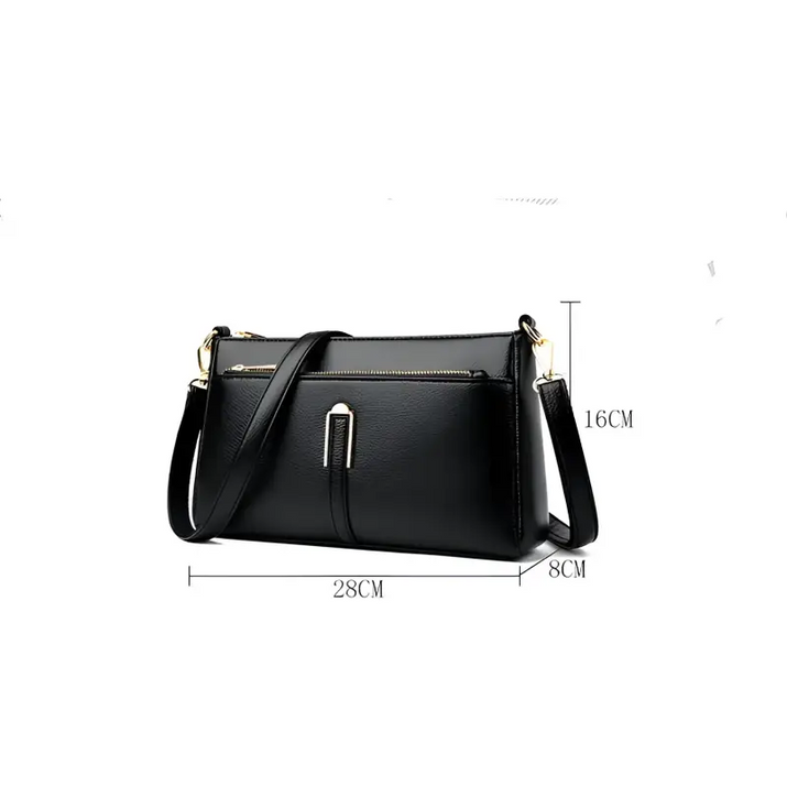 Black leather shoulder bag with dimensions.