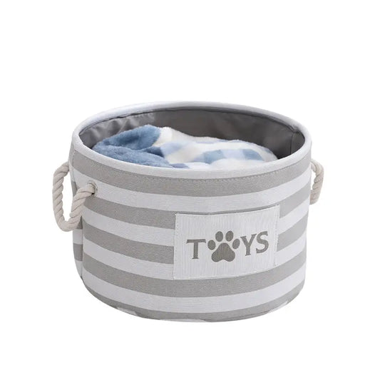Striped toy storage basket.