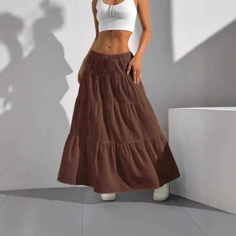 Brown tiered maxi skirt.