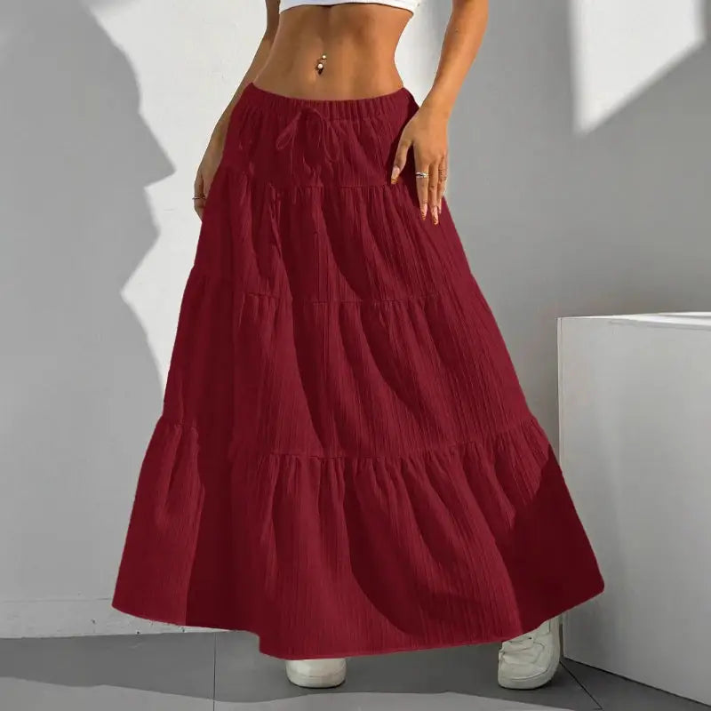 Maroon tiered maxi skirt.