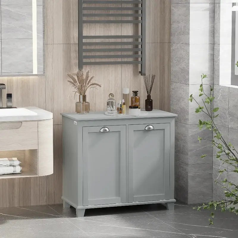 Gray bathroom cabinet.