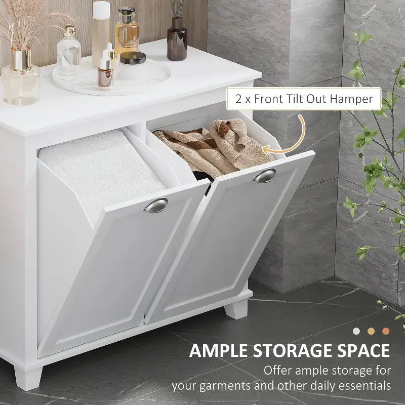 White bathroom storage cabinet with tilt-out hampers.