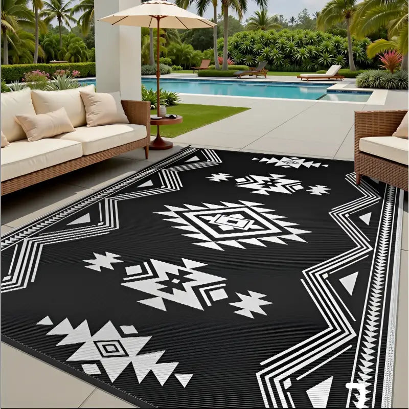 Black and white patterned outdoor rug.