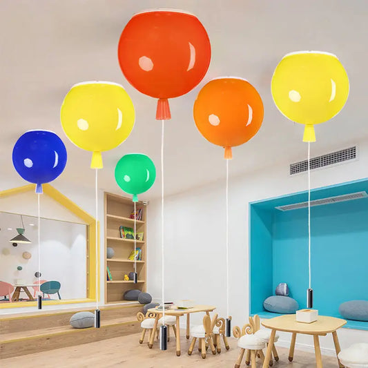 Colorful balloon-shaped ceiling lights.