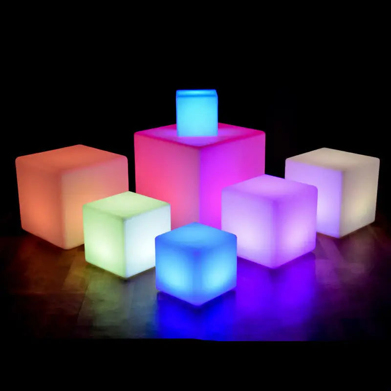 Illuminated colorful LED cube atmosphere light used as table and seat decor