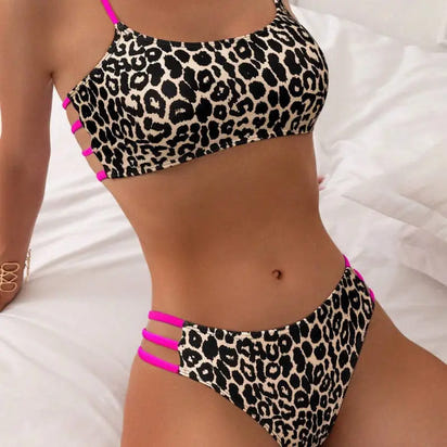 Leopard print bikini with pink straps.