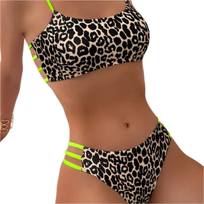 Leopard print bikini with neon green straps.