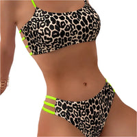 Leopard print bikini with neon green straps.